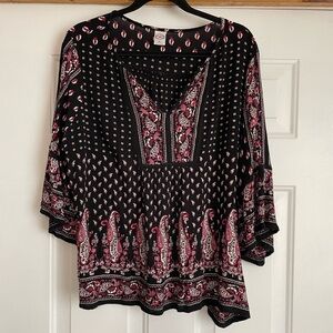 Bila, Black and Pink Patterned Blouse, Sz XL